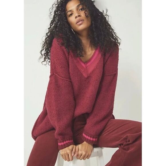 Free People Steffie V Neck Pullover Oversized Chunky Sweater Small - Picture 1 of 7